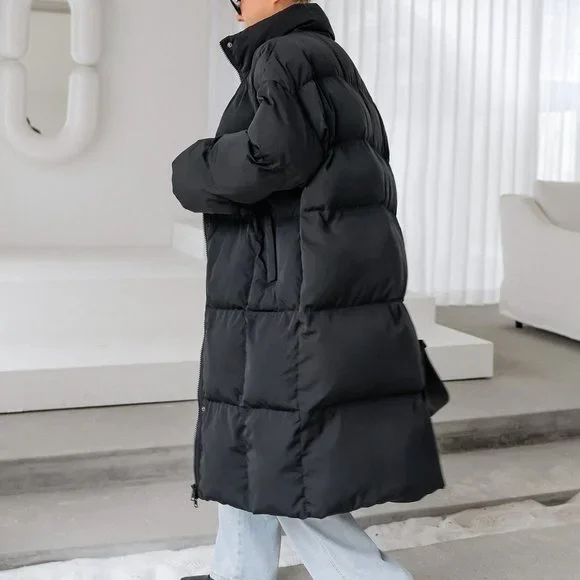 Black Casual Womens Drop Shoulder Slant Pockets Puffer Coat - Picture 2 of 6